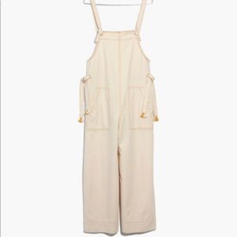 Off white Madewell cotton overalls with yellow tassels.
